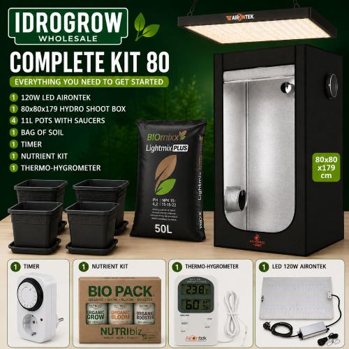 Kit Grow Box 80x80 Completo con LED Airontek 120W, Vasi, Terra e Aspirazione