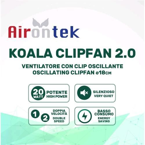 AIRONTEK - KOALA FAN 2.0 - VENTILATORE A CLIP OSCILLANTE 20W - Ø 18 CM